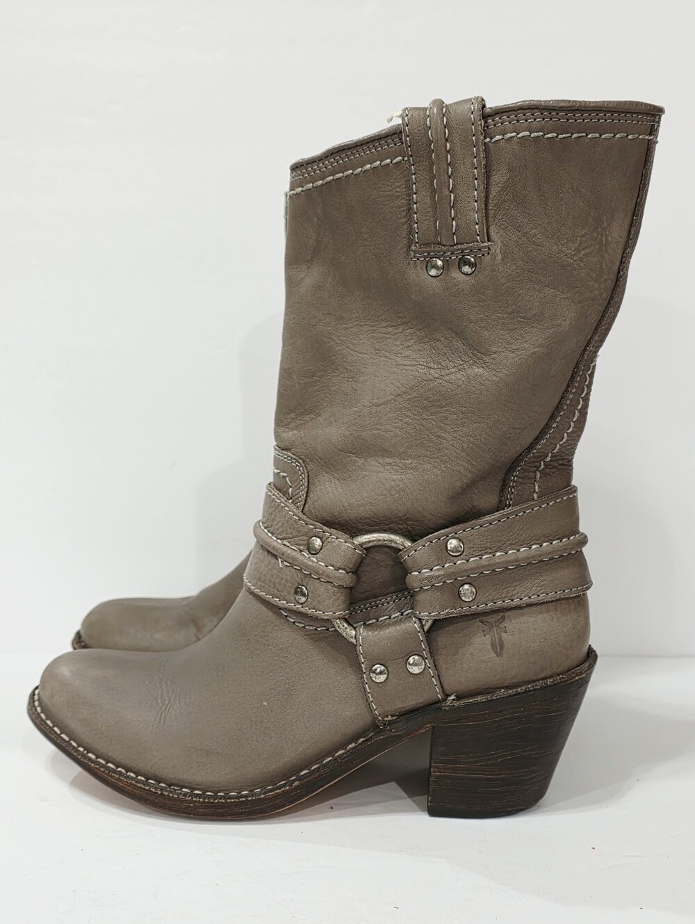 Frye 77376 GRAY Leather Boot Riding Moto Harness 12R Biker Ride Women 6.5 M Used - Picture 5 of 16